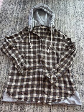 Plaid Hooded Zip- Up Distressed Jacket in Brown & Cream and grey